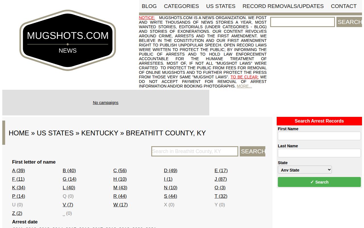 Unofficial Breathitt County mugshot aggregator page for source comparison