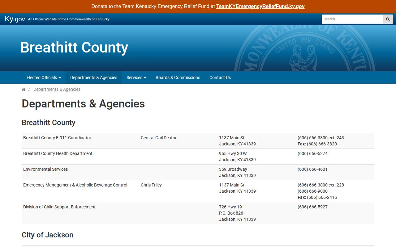 Breathitt County departments and arrest-record contact page