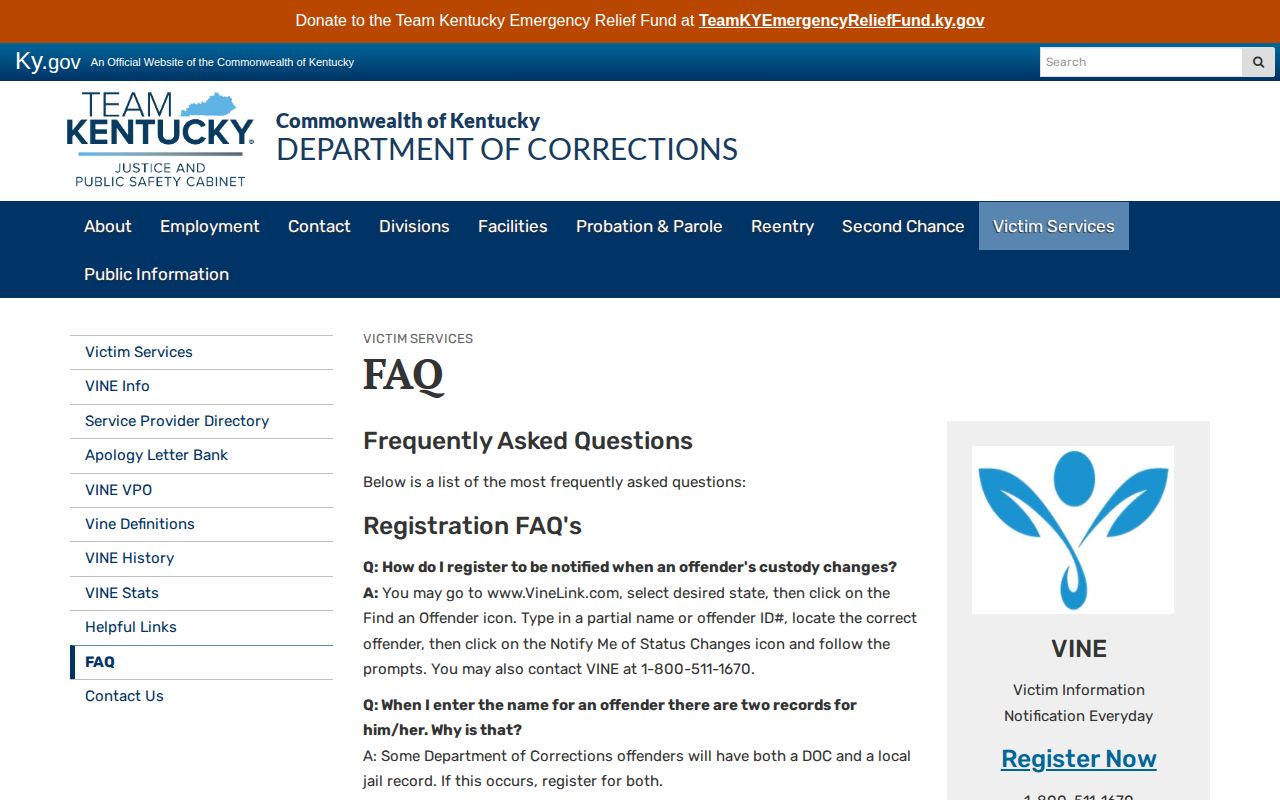 Kentucky VINE custody alert guidance for Breathitt County bookings